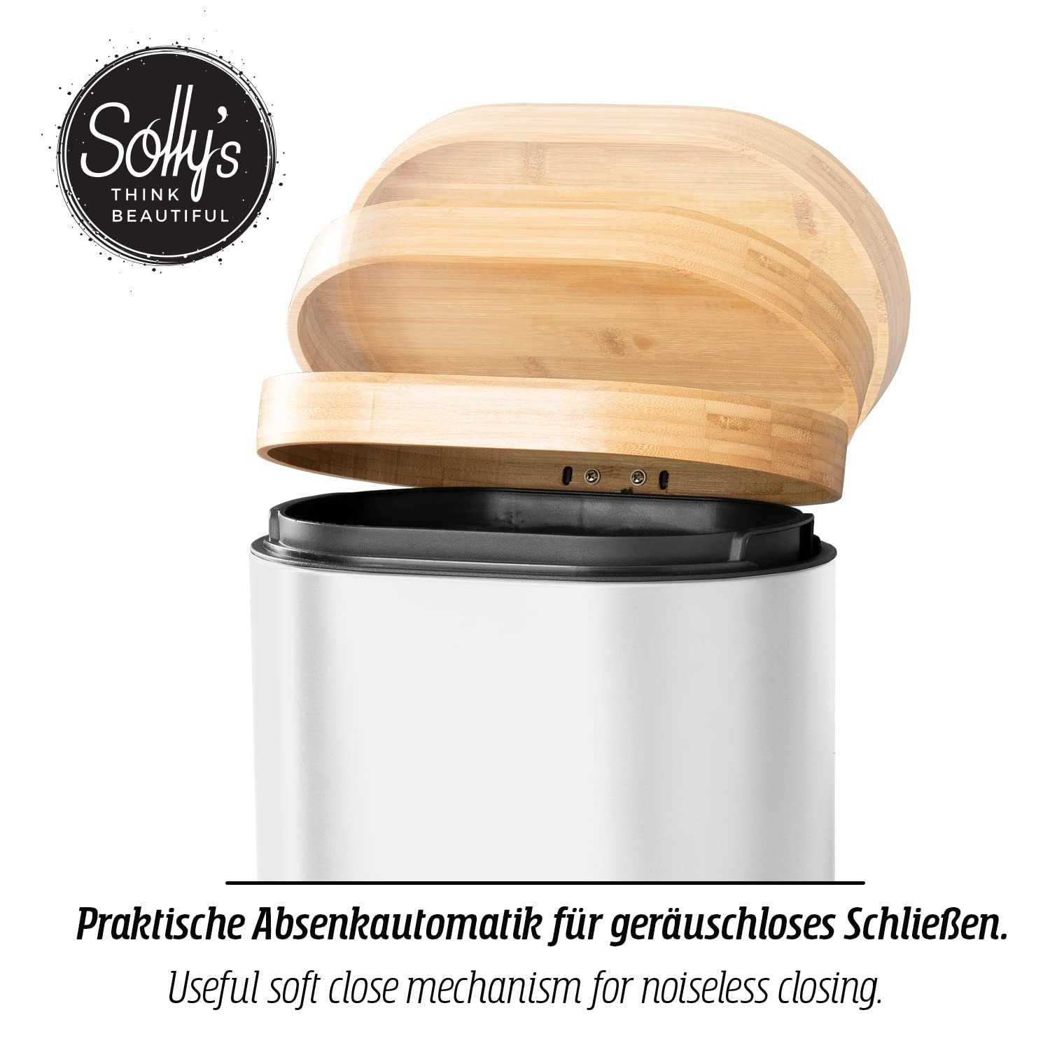 Solly's Kosmetikeimer 6L mit Bambus Deckel, Absenkautomatik, pulverbeschichtet, rutschfest