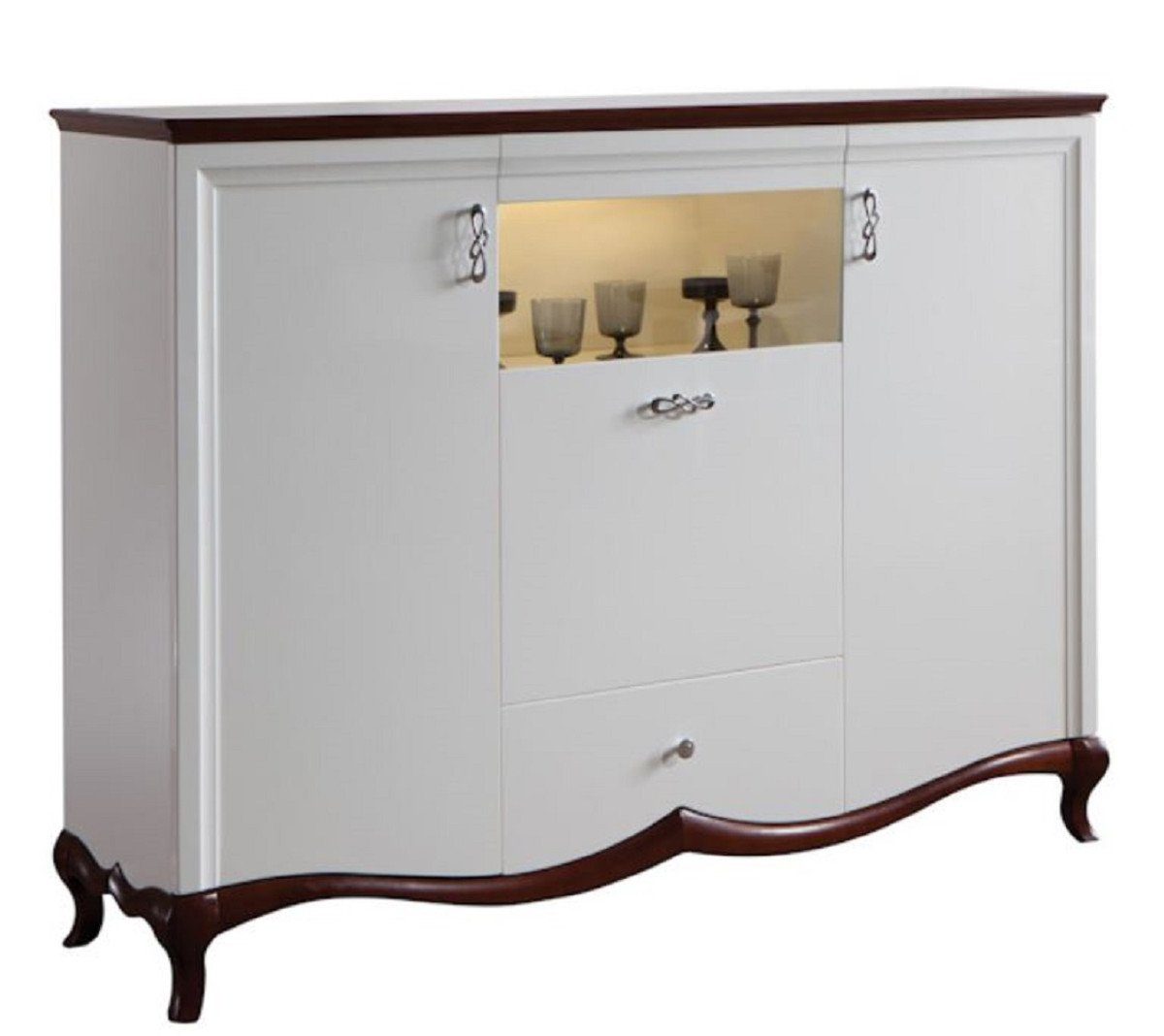 Casa Padrino Barschrank Luxus Art Deco Barschrank Weiß / Dunkelbraun 164,2 x 46,5 x H. 123 cm - Beleuchteter Wohnzimmerschrank mit 3 Türen und Schublade