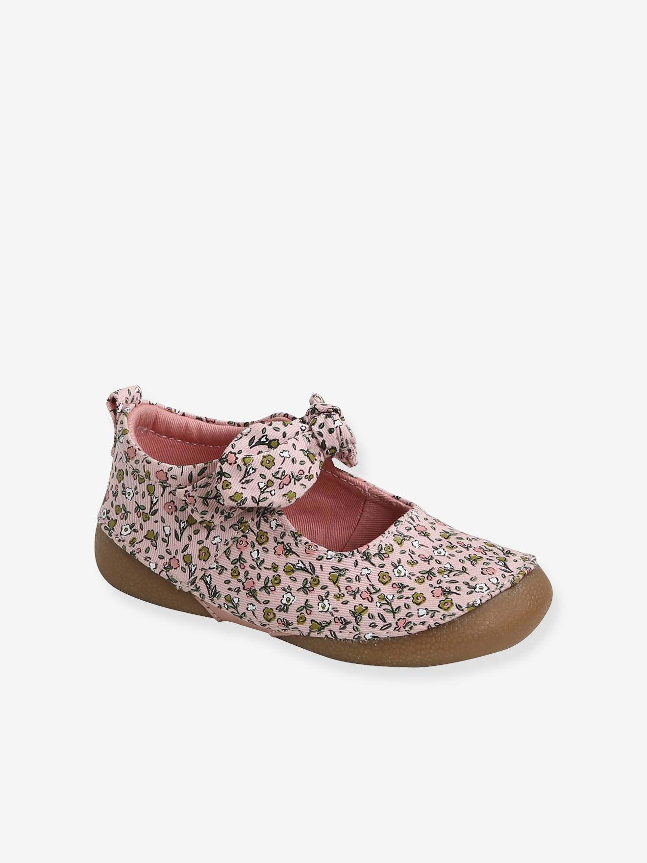 Chaussons ballerines bébé fille en toile imprimée rose clair