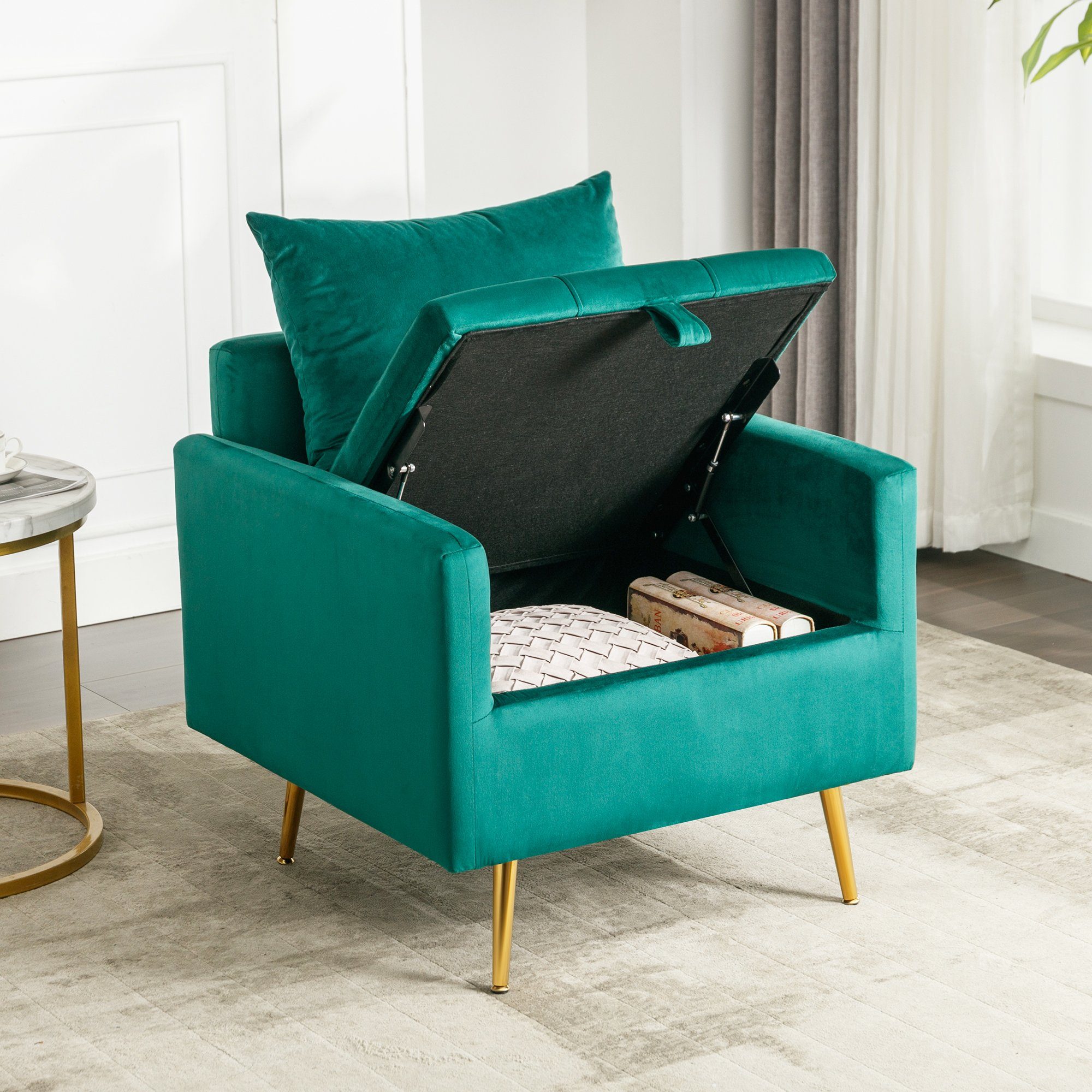 REDOM Sessel Loungesessel, Einzelsessel, Polstersessel, mit Stauraum (Moderner Samtstuhl), Sessel mit Kissen, mit roségoldenen Metallbeinen