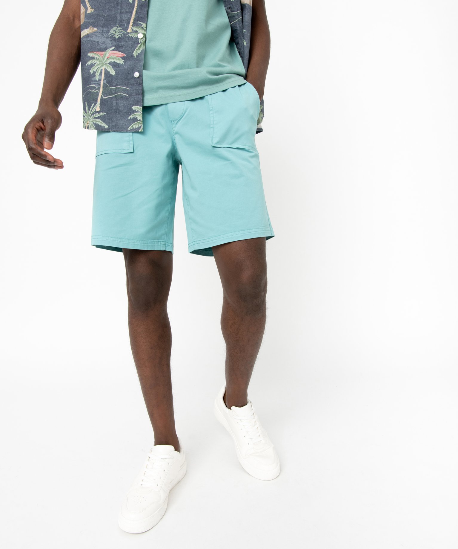 Bermuda en toile uni avec ceinture ajustable homme bleu | GEMO