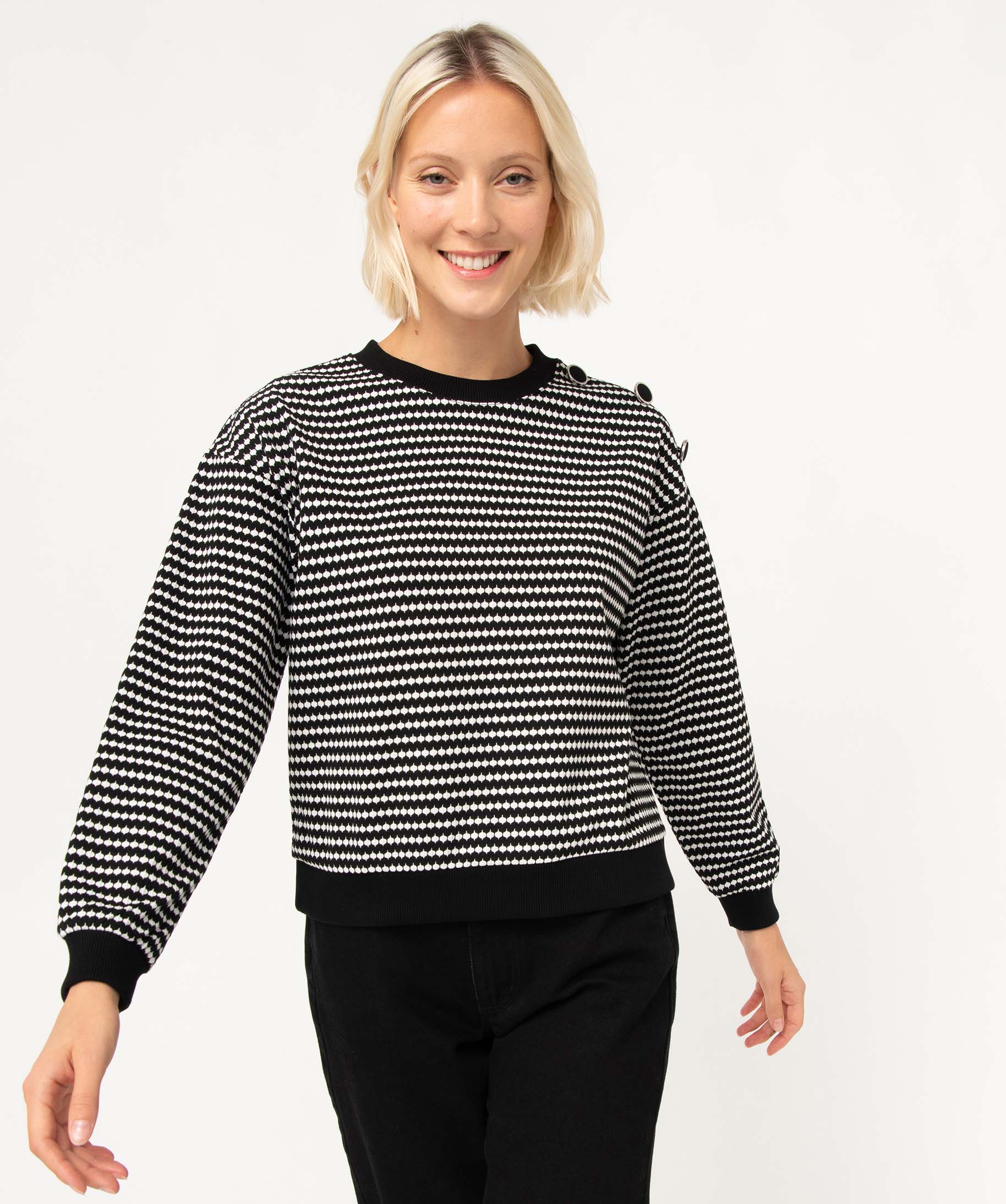 Sweat femme à motifs graphiques avec boutons sur l’épaule noir | GEMO