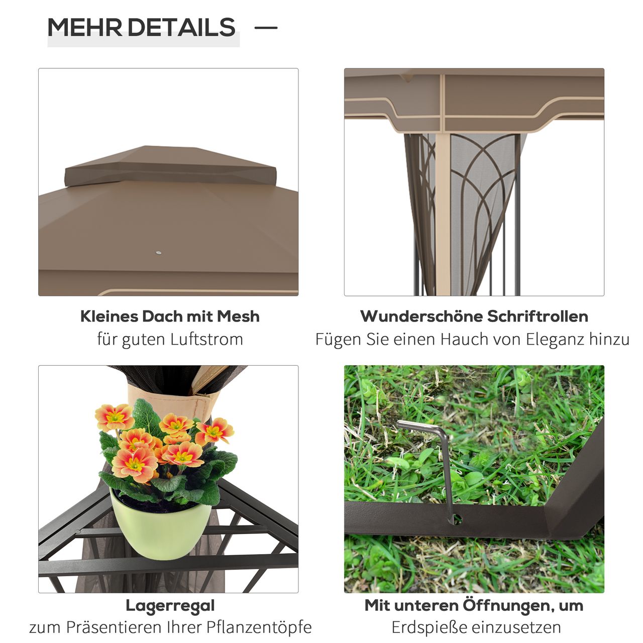 Outsunny Pavillon Gartenpavillon 3,65 x 3 m Gartenzelt Festzelt Partyzelt mit 4 x Moskitonetz atmungsaktivem Doppeldach Metall Polyester Braun Beige