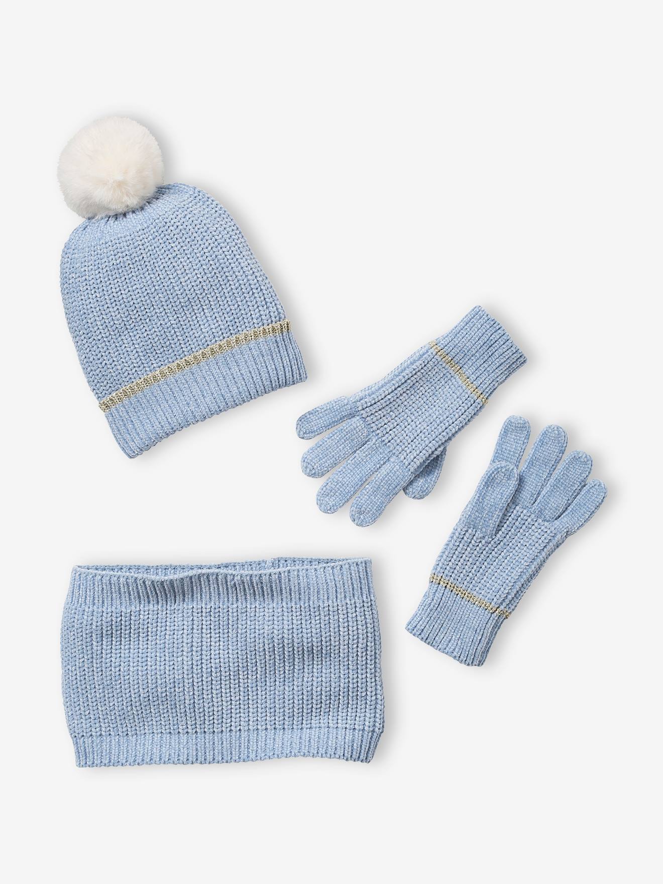 Ensemble bonnet + snood + gants maille chenille fille bleu clair