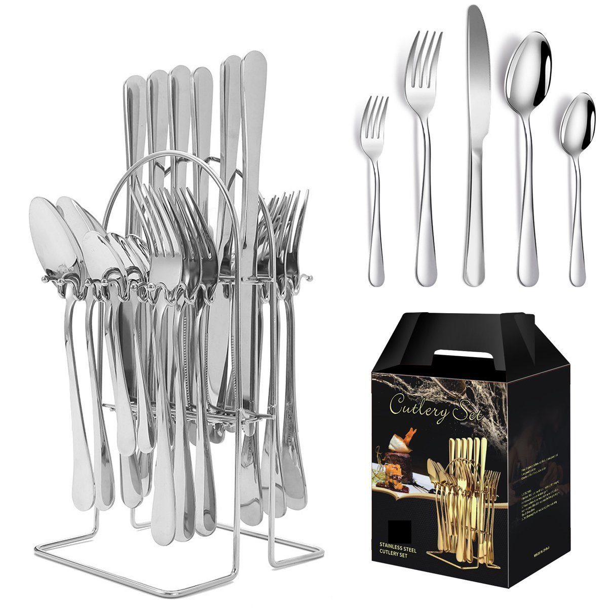 Mutoy Besteck-Set Besteckset,30 Stück Edelstahl Besteck Set 6 Personen,Spiegelpoliert, für Restaurant Party Hochzeit,Spülmaschinenfest,mit Ständer