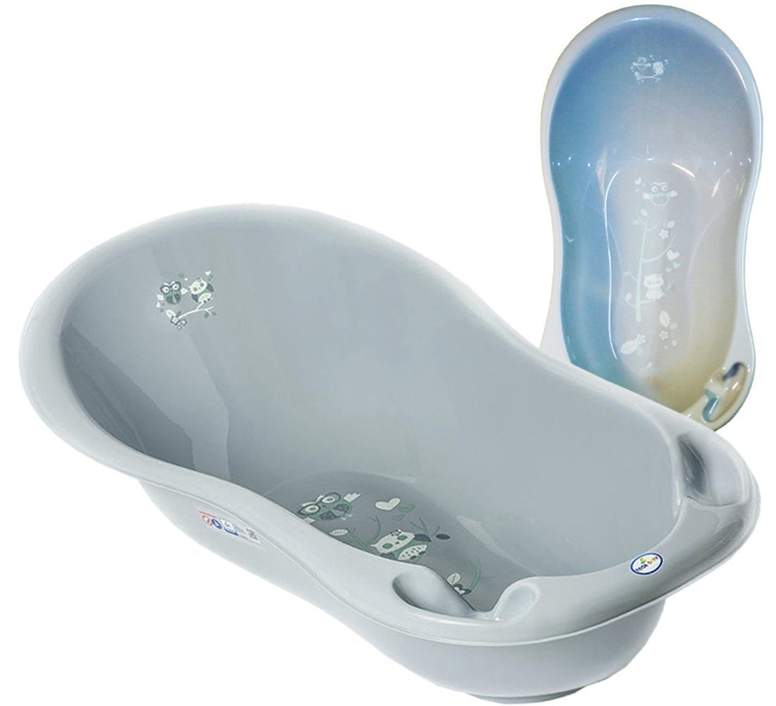 Tega-Baby Babybadewanne 5 TEILE SET - EULE Grau + Gestell Weiss - Baden, (Made in Europe, Premium.set – 5 Teile + Ständer), **Wanne, Badesitz, Töpfchen, Wc Aufsatz, Hocker, Ständer **