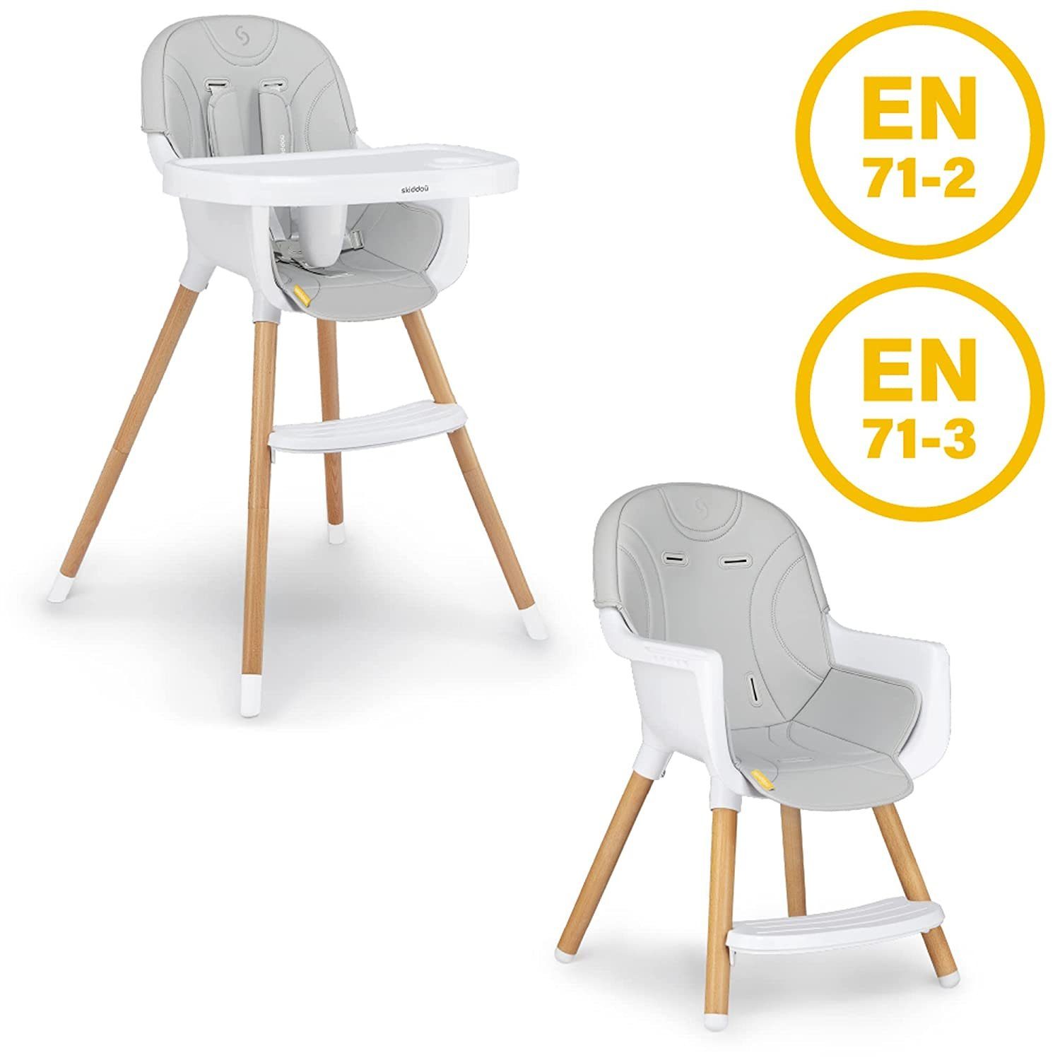 Skiddoü Hochstuhl skiddoü Hochstuhl Sunt, verstellbaren 5-Punkt-Sicherheitsgurt 2 in 1 Kinderstuhl, Babyhochstuhl Holzbeinen hoher Qualität, Fütterungsstuhl mit originalem Design, Fußstütze, Doppeltablett, hellgrau
