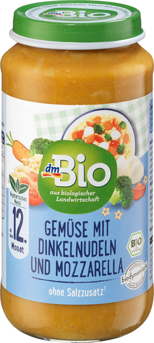 Menü Gemüse mit Dinkelnudeln und Mozzarella ab dem 12. Monat, Demeter, 250 g