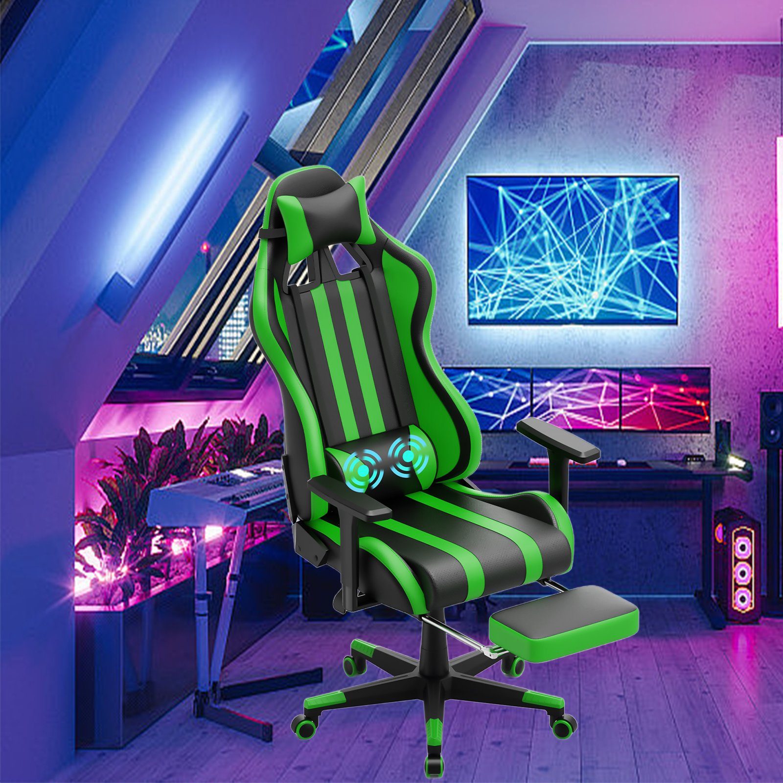 AUFUN Gaming-Stuhl Authmic Biirostuhl Ergonomischer Schreibtischstuhl, Max. 150 kg (Massage Gaming Sessel für Livestreaming Xbox (Grau/Blau/Grün/Rot/Schwarz), mit Vibration Massage Lendenkissen, Fußstütze, Kopfstütze, Ergonomisch