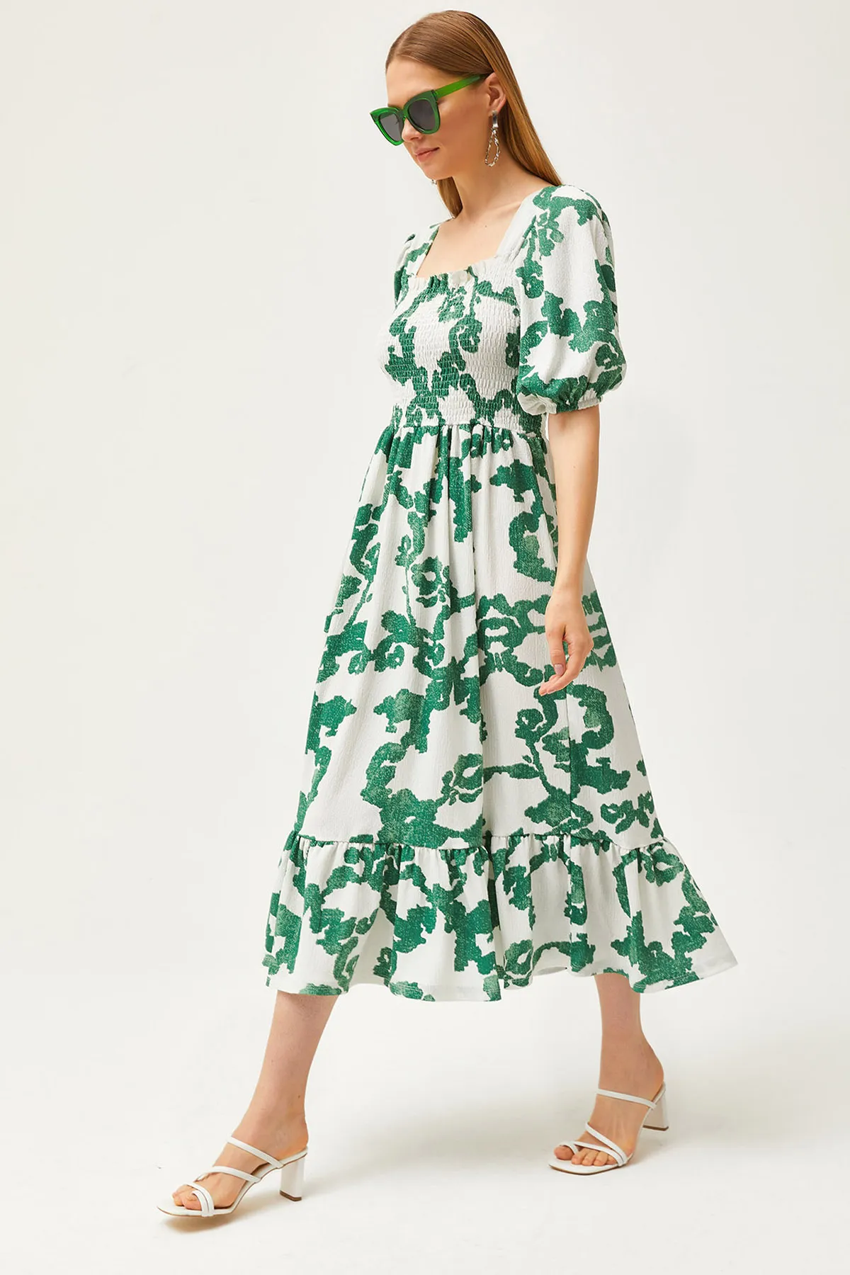 Olalook  Ecru-grünes Midi-Strickkleid mit Gimpen für Damen ELB-19002108