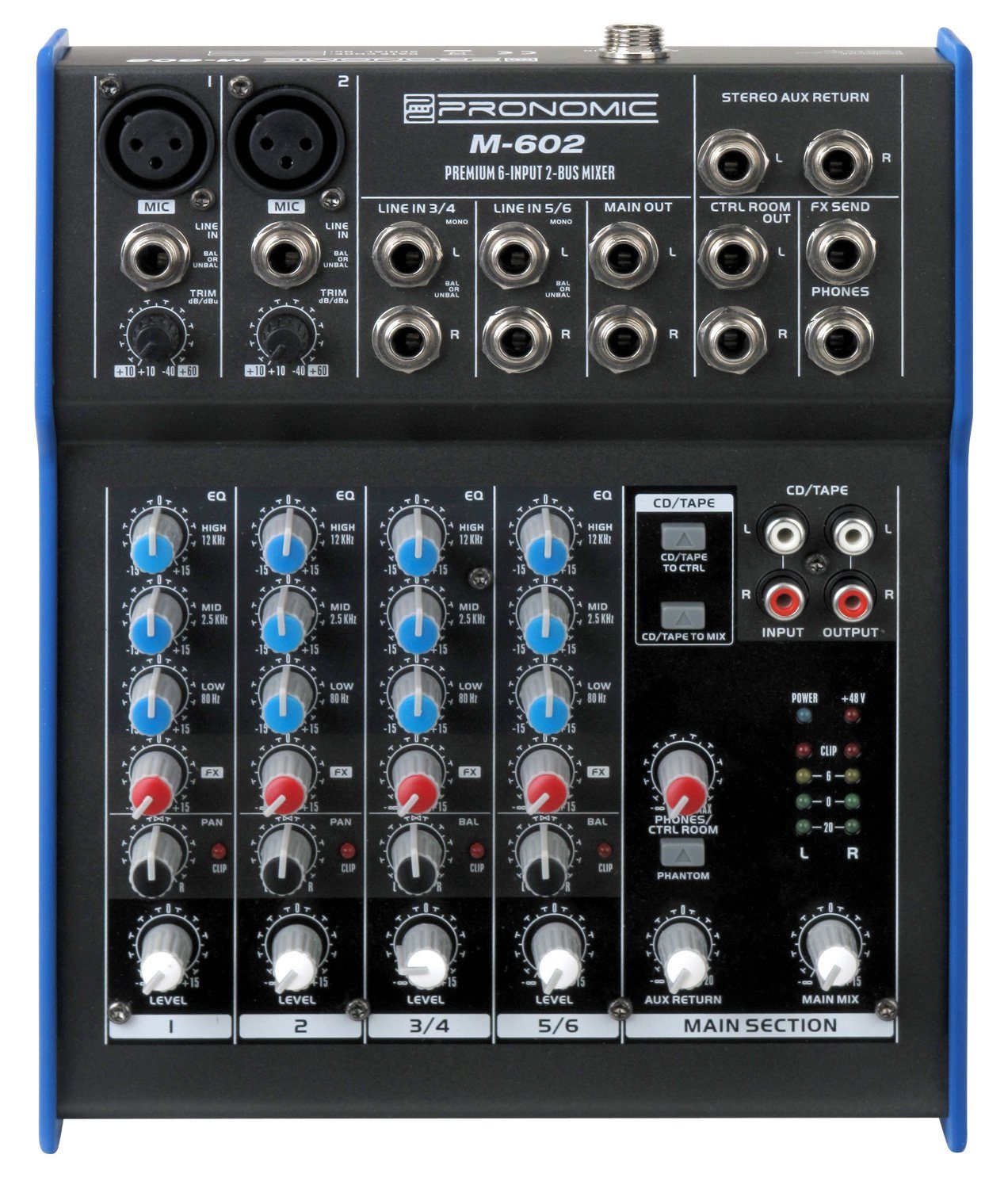 Pronomic Mischpult M-602 Live/Studio 6-Kanal DJ -Mixer, mit 2 Mono-Kanäle XLR/Klinke, 2-Stereo Kanäle, 3-Band-EQ