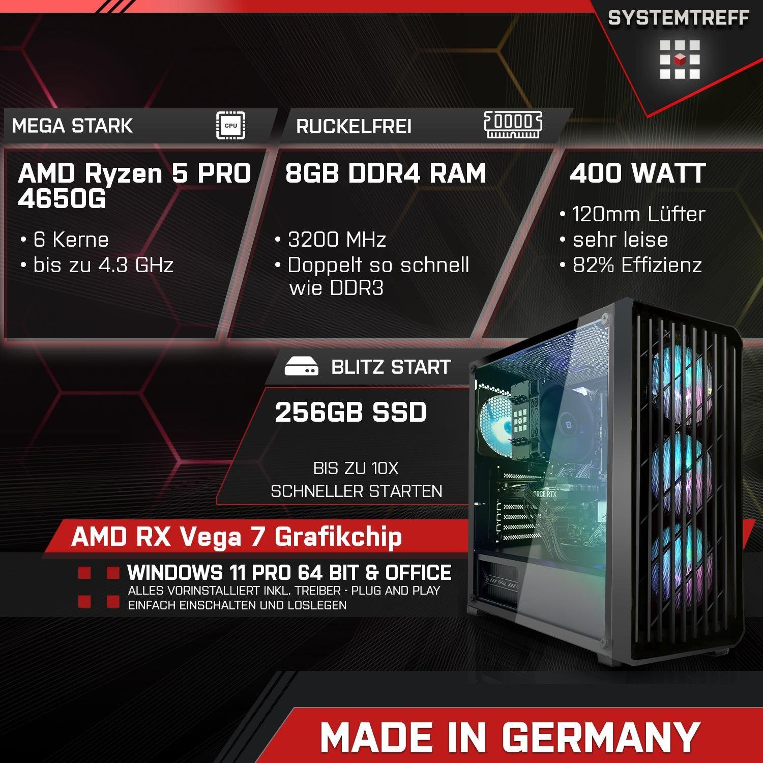 SYSTEMTREFF Gaming-PC (AMD Ryzen 5 4650G, RX Vega 7, 8 GB RAM, 256 GB SSD, Luftkühlung, Windows 11, WLAN)