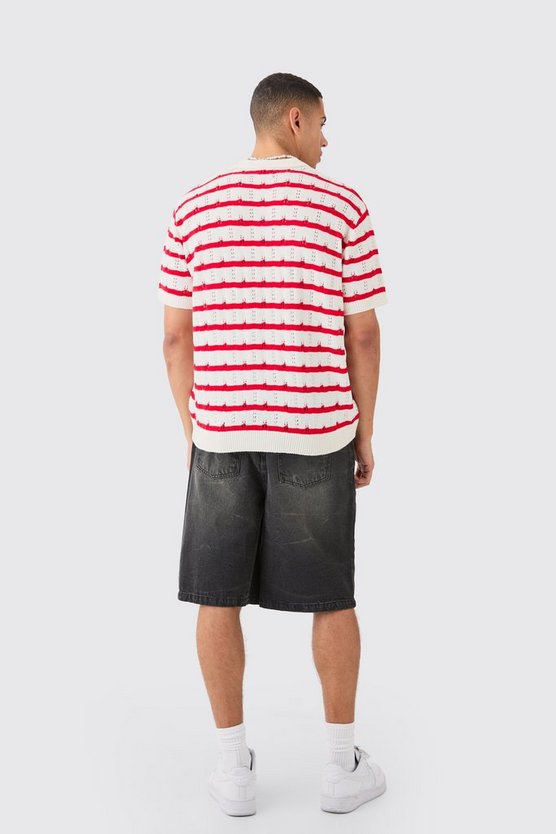 Kurzärmliges gehäkeltes Oversize Poloshirt mit Streifen