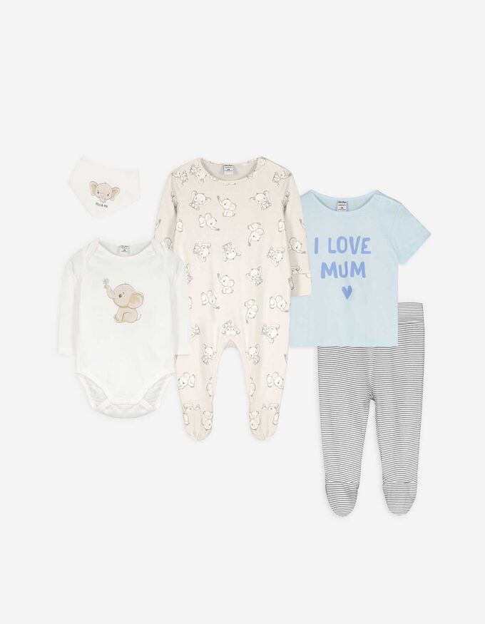 Set aus Langarmbody, Hose, T-Shirt, Strampler und Lätzchen - Allover-Print