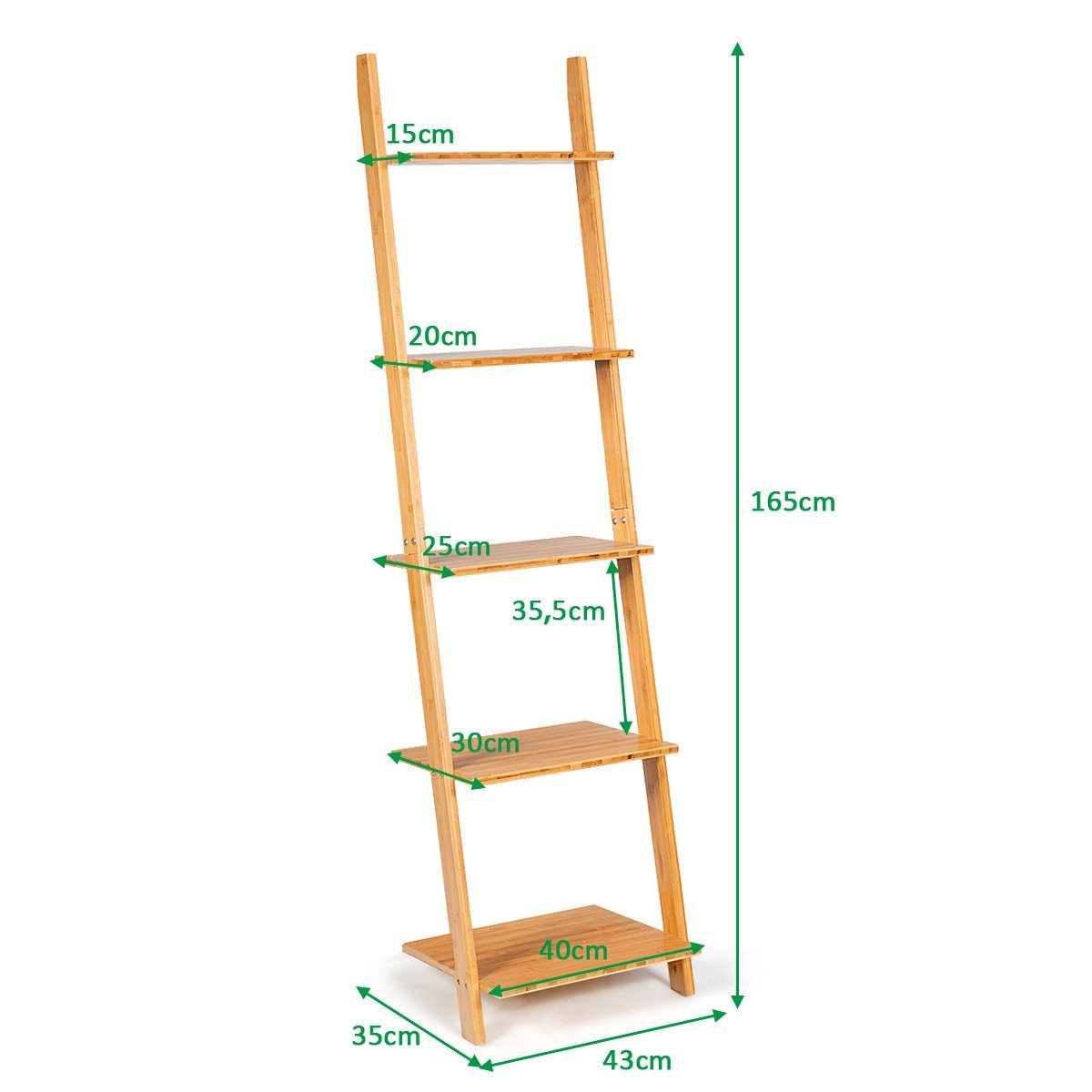 COSTWAY Leiterregal, Bücherregal 5 Ebenen, Bambus, schmal, 43x35x165cm