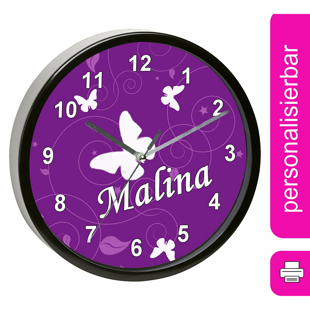 Kinder Wanduhr laufruhig personalisiert mit Name Schmetterling Lila