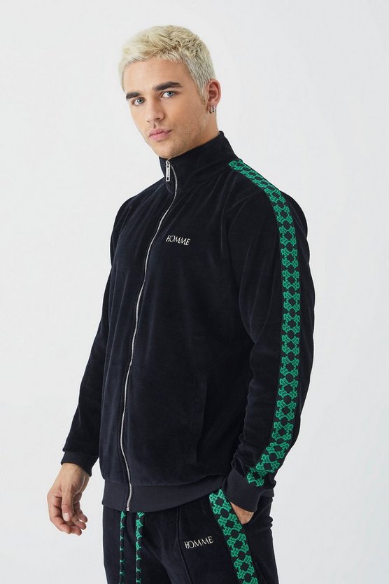 Velour Trainingsoberteil mit Reißverschluss und Jacquard-Streifen