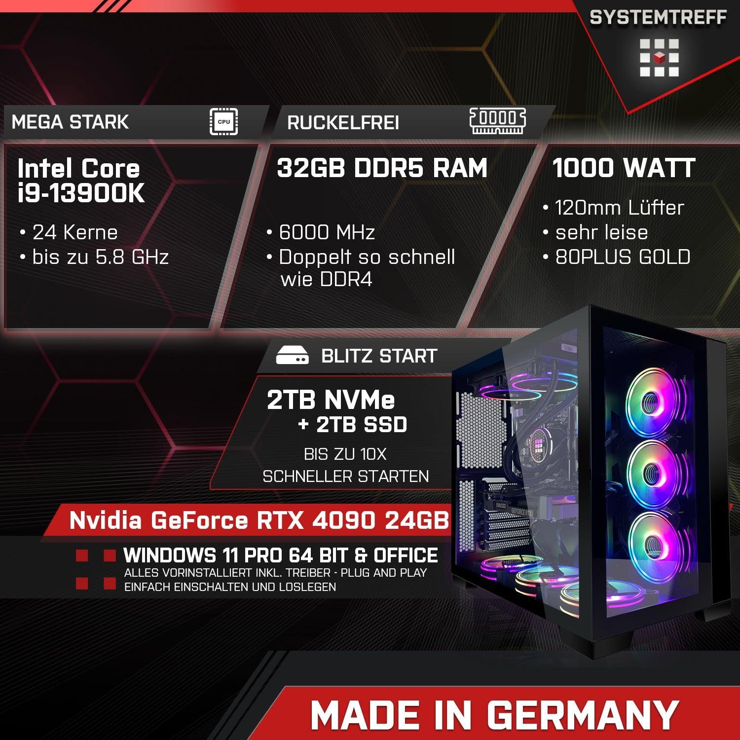 SYSTEMTREFF Gaming-PC (Intel Core i9 13900K, GeForce RTX 4090, 32 GB RAM, 2000, 2000 GB SSD, Wasserkühlung, Windows 11, WLAN)