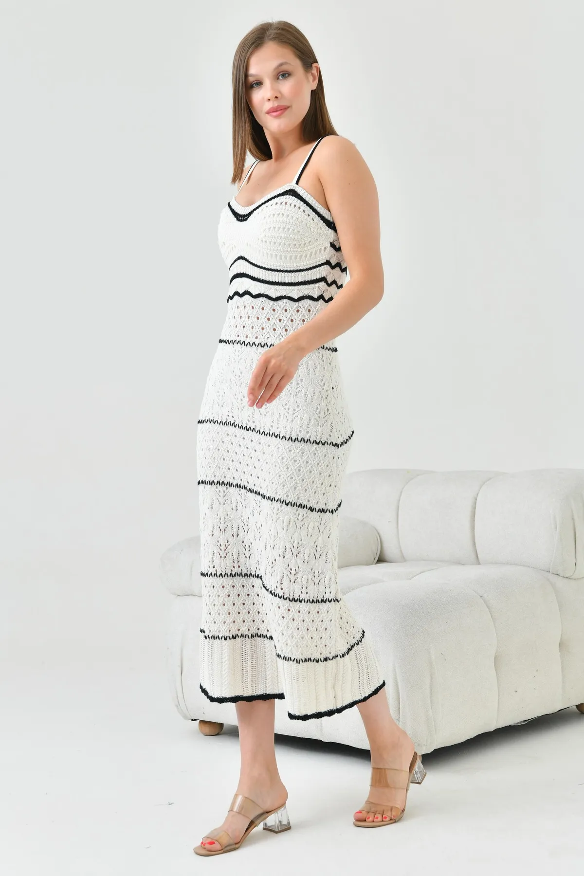 lovebox  Damen Strickwaren Strickstoff Dünne Träger Ungefüttert Midi Länge Häkeln Gestrickt Sommerkleid 1303