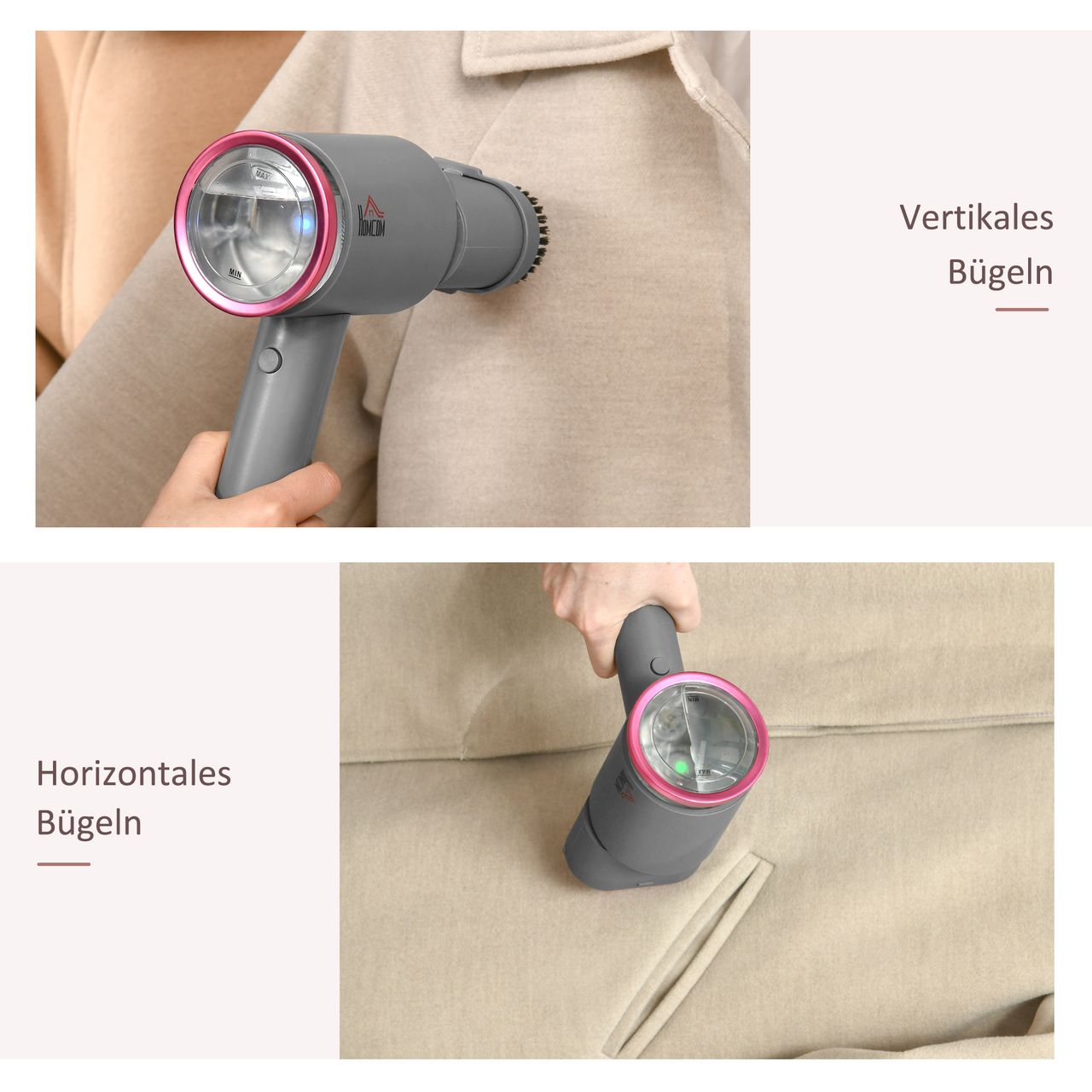 HOMCOM Dampfglätter Dampfbürste faltbar Kleidung Hemden Dampfbügeleisen mit 160 ml Wassertank 1520 W schnelles Aufheizen Aluminium Kunststoff Grau Rosa 27,5 x 18,2 x 9 cm