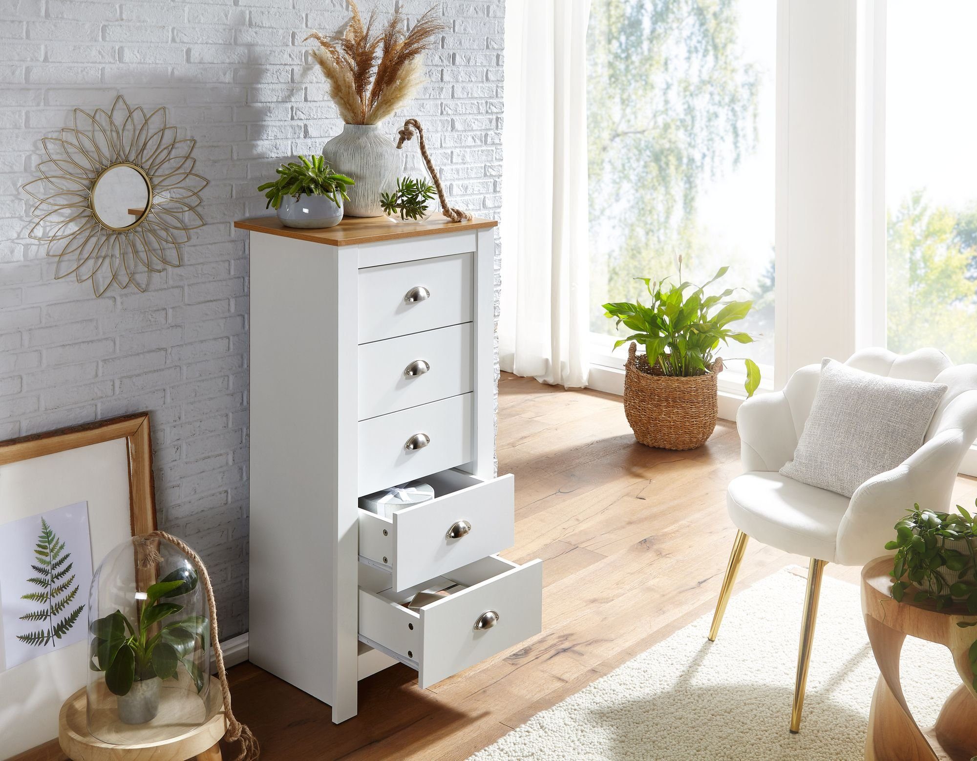 FINEBUY Kommode FB71920 (5 Schubladen 53x114x39 cm Sideboard Weiß / Eiche), Design Anrichte Modern, Schubladenkommode Hoch