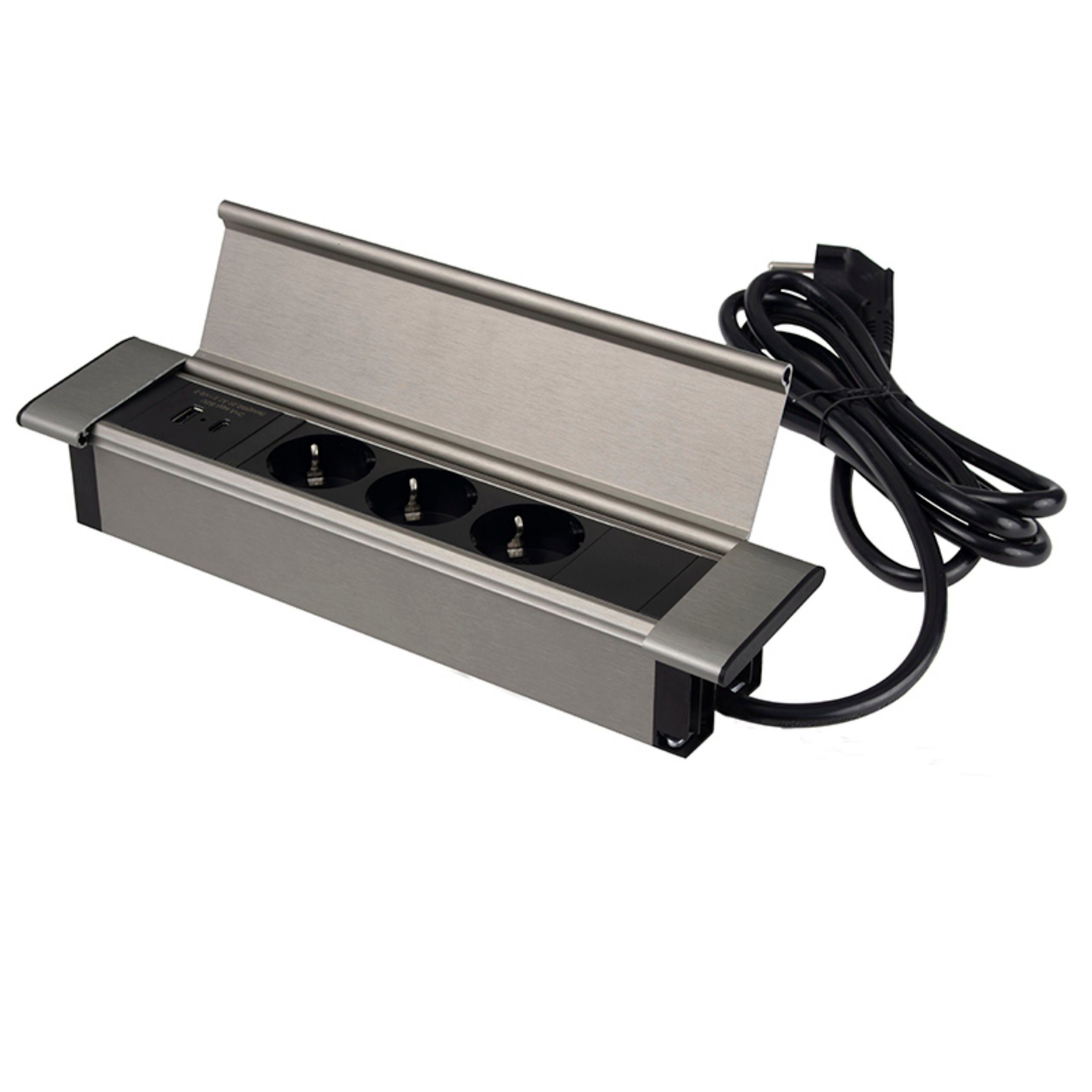 ADAKAT Einbau-Tischsteckdosenleiste 5-fach (3x Schutzkontakt-Steckdosen I 2x USB-Anschlüssen (USB-A + USB-C), Kabellänge 1.80 m)