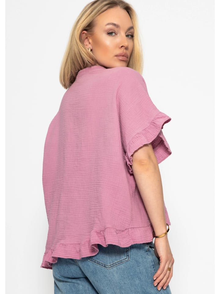 SASSYCLASSY Musselin Bluse mit Rüschensaum in Rosa günstig kaufen