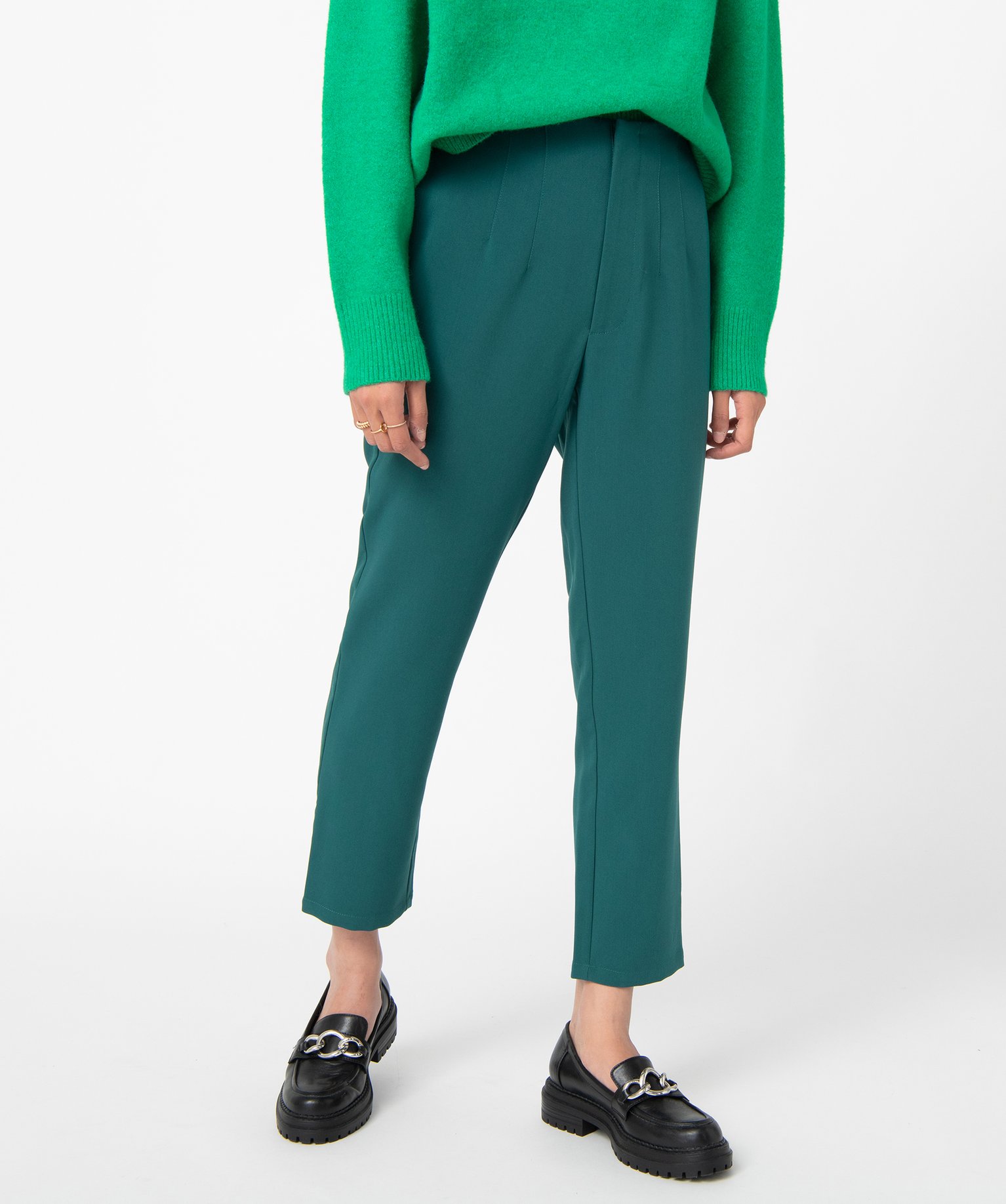 Pantalon femme en toile coupe large et taille haute vert | GEMO