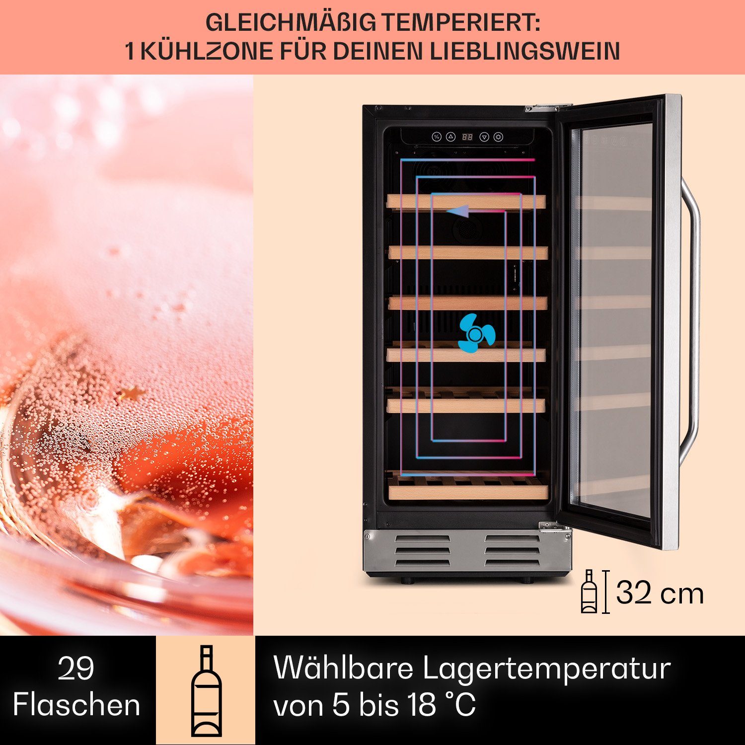 Klarstein Weinkühlschrank Vinovilla, für 31 Standardflaschen á 0,75l,Wein Flaschenkühlschrank Weintemperierschrank Weinschrank Kühlschrank