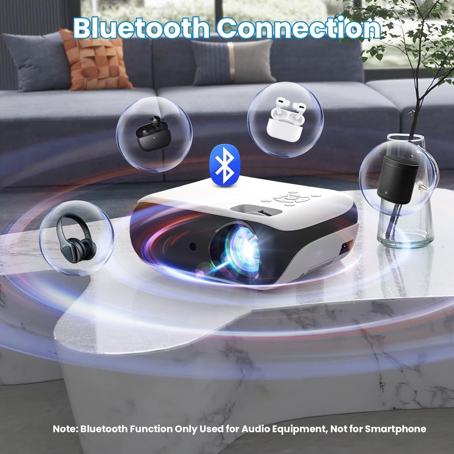TOPVISION Native 1080P Bluetooth 5.1 Heimkino Multimedia Portabler Projektor (9500 lm, 10000: 1, 1920 * 1080, px, Mit 100'' Bildschirm, Kompatibel mit HDMI USB AV,Smartphones,Laptops)