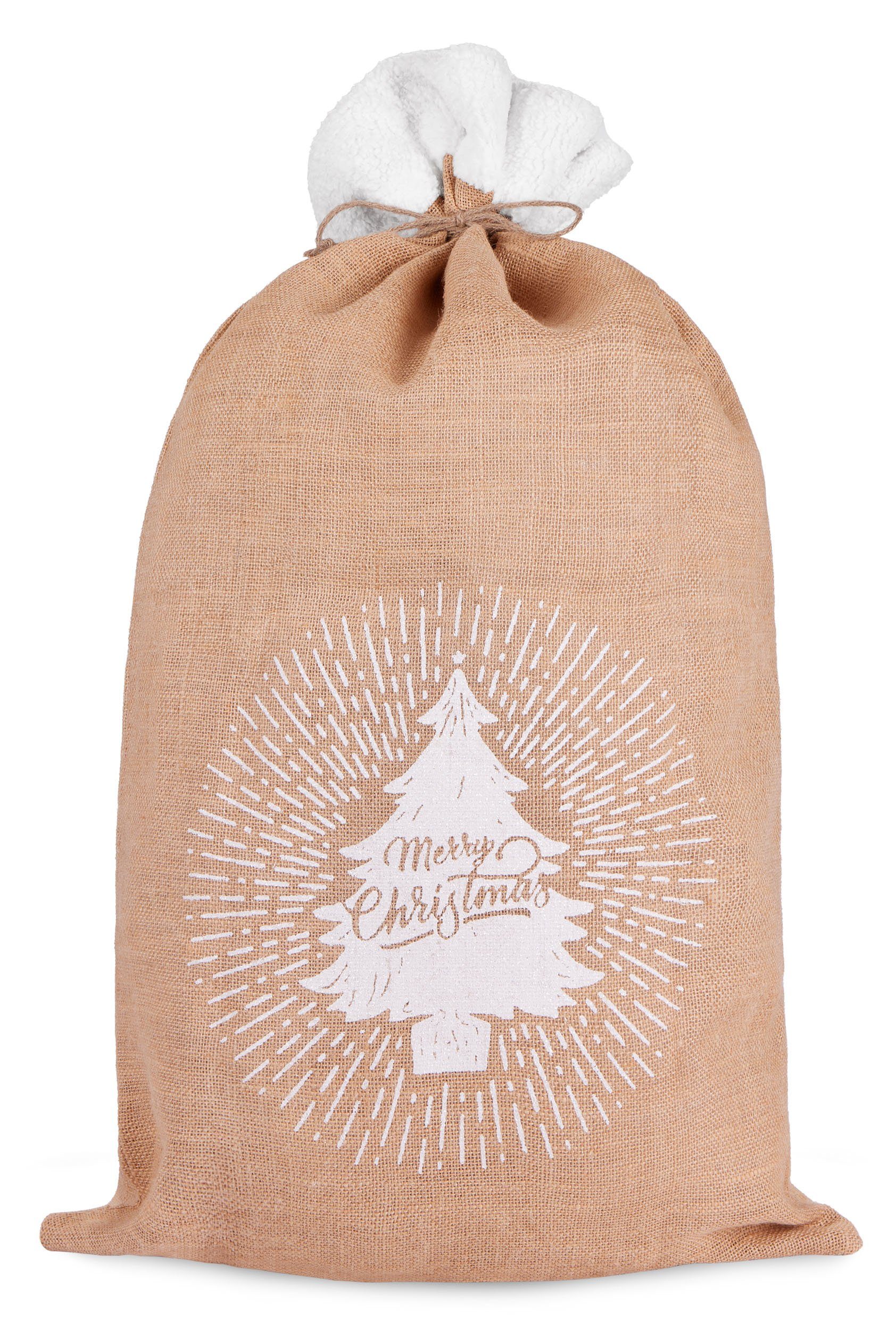 BRUBAKER Aufbewahrungstasche Weihnachtssack Tannenbaum Merry Christmas - 80 cm Geschenksack (1-tlg., Jutesack Weihnachtsbaum Braun Weiß), Nikolaussack Jutebeutel Sack mit Kordel zum Verpacken von Geschenken