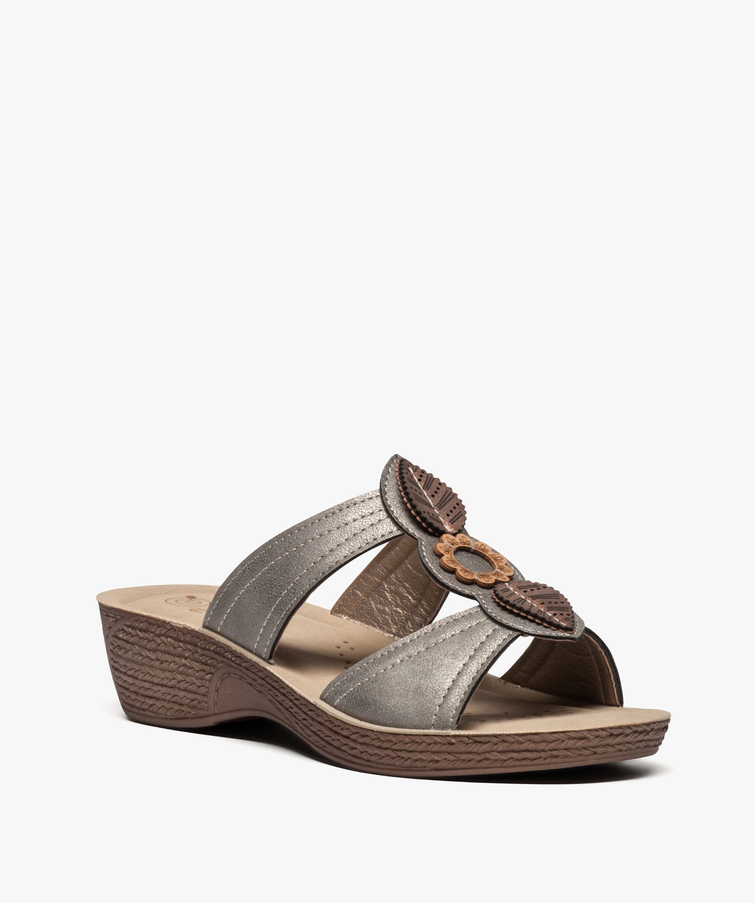 Mules femme confort à talon compensé et brides fantaisie gris | GEMO