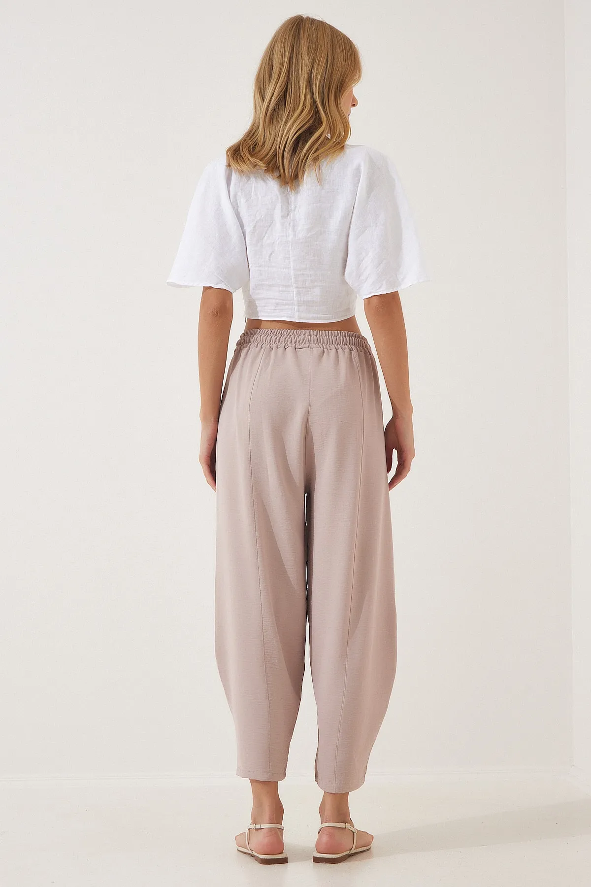 Happiness İstanbul  Damen-Shalwar-Hose aus cremefarbenem Leinen CI00036