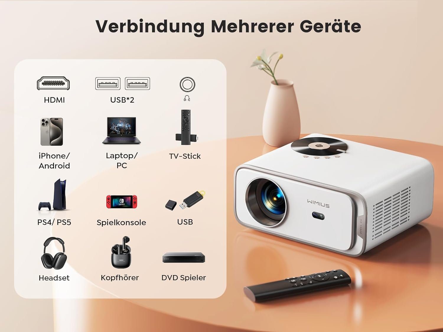 WiMiUS Andriod TV Elektrischer Fokus Nativ 1080P WiFi6 Bluetooth Beamer (1920 x 1080 px, 4K-Unterstützung 750ANSI Video Beamer Heimkino mit Stativ/Automatische)