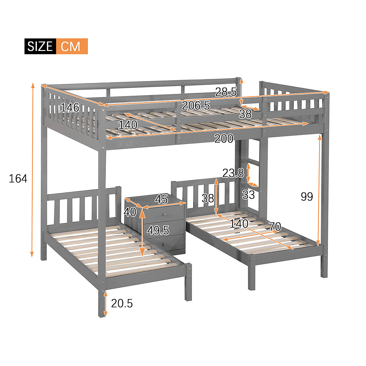 Etagenbett 90x200 Kinderhochbett mit Nachttisch, Dreibett, Massivholz, mit Schrank