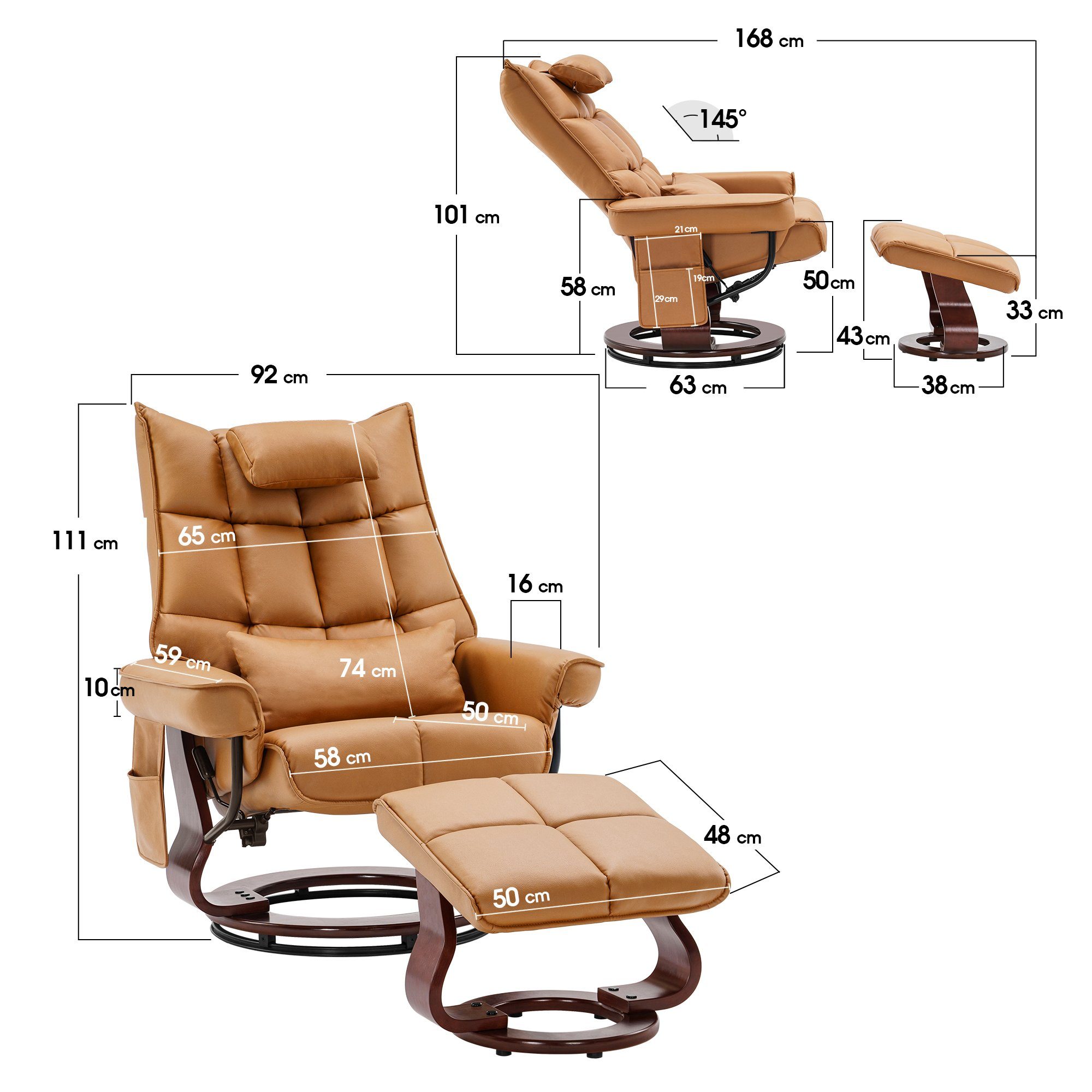 MCombo Relaxsessel MCombo Relaxsessel mit Hocker 9076, Drehbare Fernsehsessel mit Liegefunktion, mit Kissen & Seitentasche