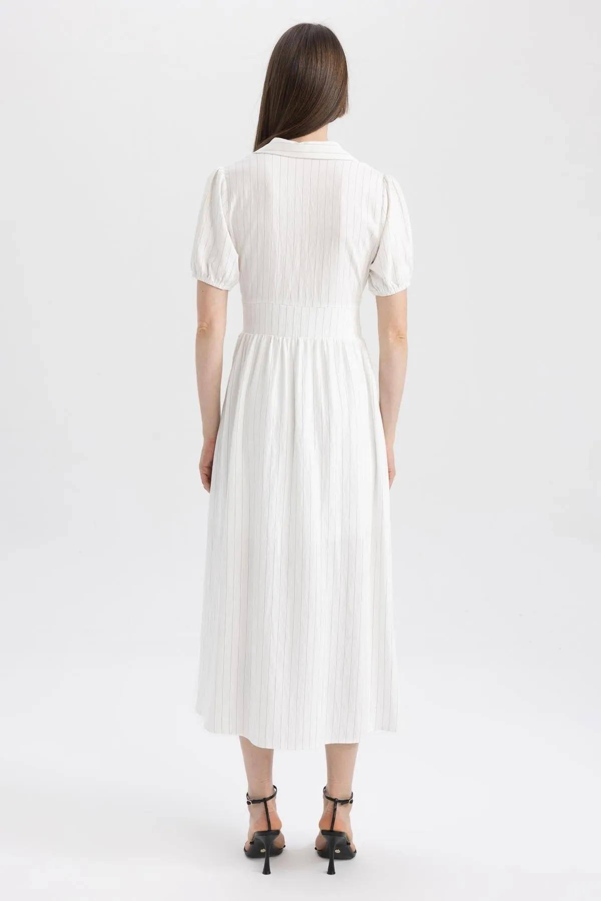 DeFacto  Gestreiftes Midi-Kurzarmkleid mit Hemdkragen