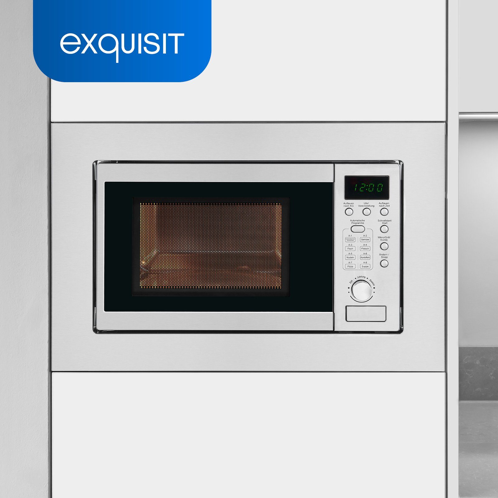 exquisit Einbau-Mikrowelle EMW 20.1, Grill, Auftaufunktion, 20,00 l, Timer, Edelstahl-Garraum, 8 Automatikprogramme