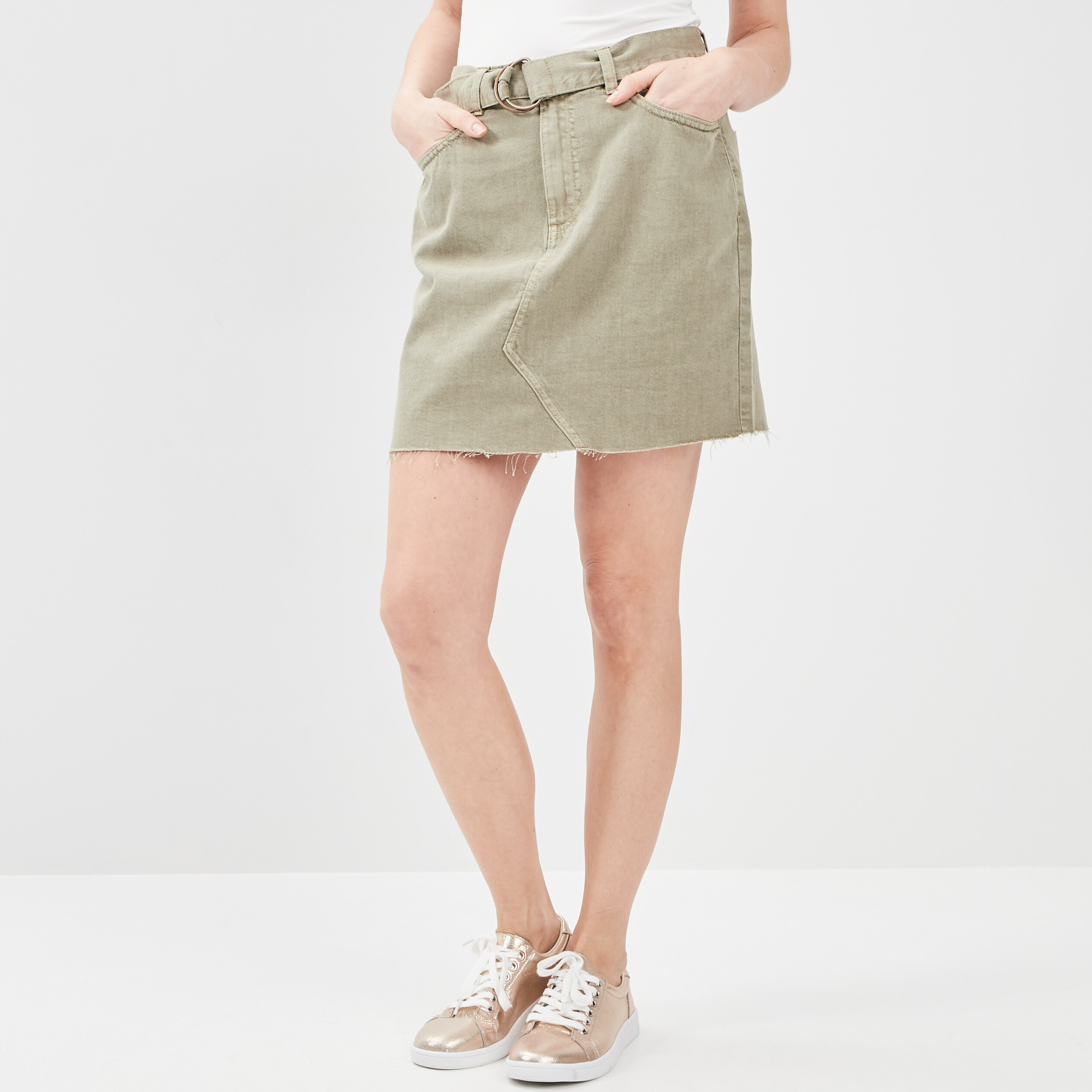 Jupe droite ceinturée vert kaki femme | La Halle