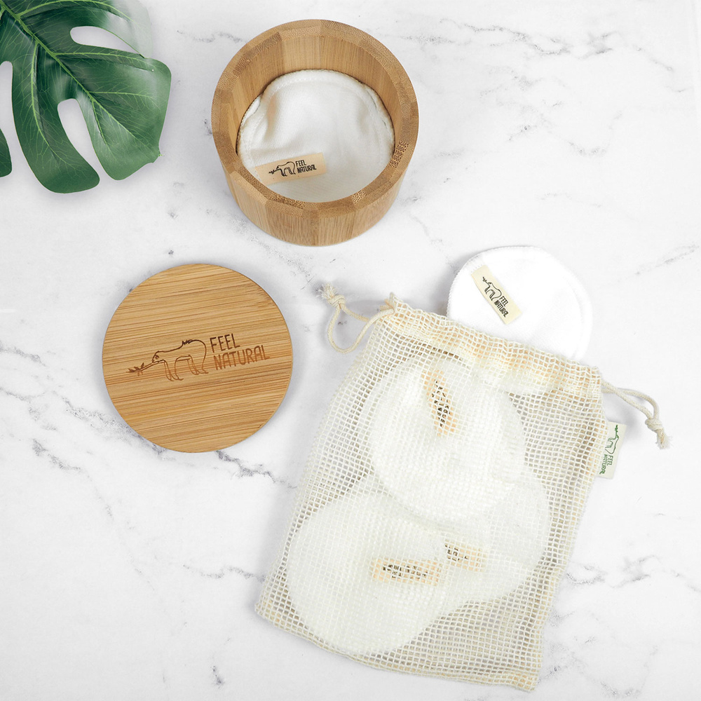 feel natural Boîte Bambou + 10 disques démaquillantset filet de lavage Disques démaquillants