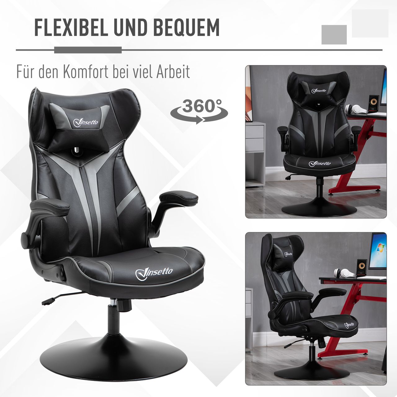 Vinsetto Gaming Stuhl Ergonomischer Computerstuhl mit Wippenfunktion Drehstuhl höhenverstellbar Stahl Schwarz Grau 67 x 75 x 106-112 cm