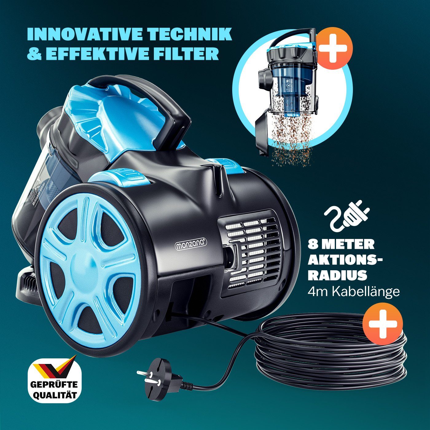monzana Bodenstaubsauger, ohne Beutel, 900W Beutellos 1,5L Behälter Bodenstaubsauger HEPA Filter