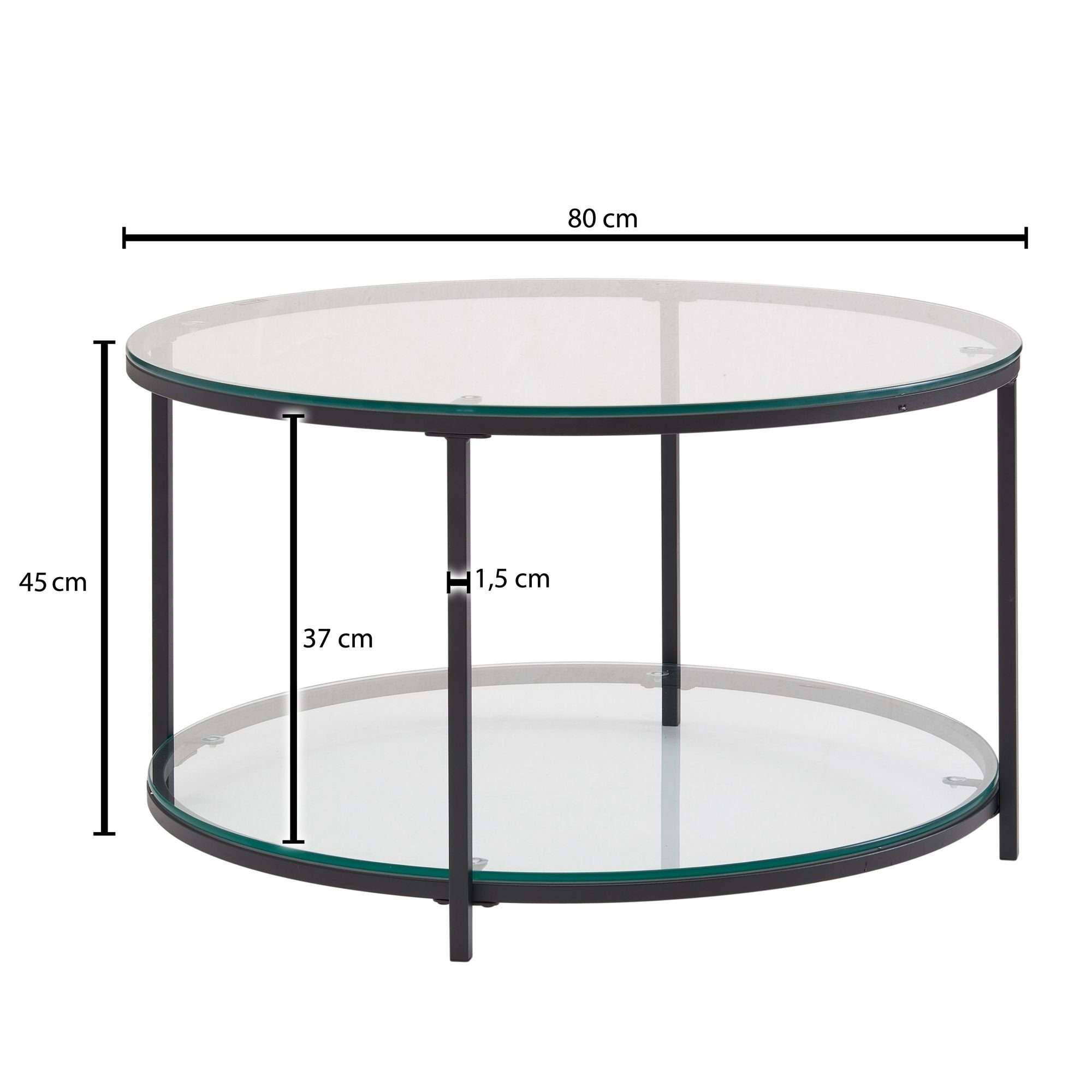 FINEBUY Couchtisch FB78983 (80x80x45 cm Glas Sofatisch Rund Transparent), Wohnzimmertisch Kaffeetisch mit Metall-Gestell