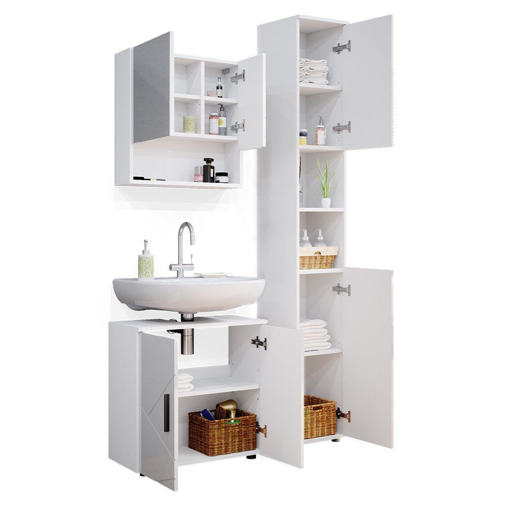 Vicco Badmöbel-Set Badezimmerset IRMA Weiß Hochglanz Set 3, (3-er Set, 3-St., 3-er Set)