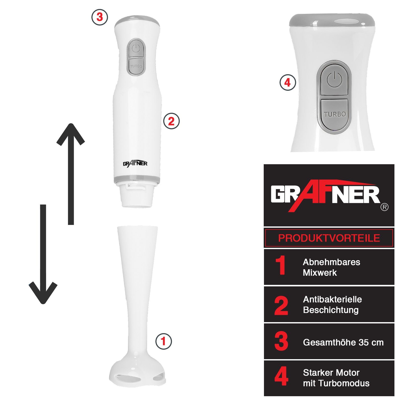 Grafner Stabmixer Stabmixer Pürierstab Mixer Zerkleinerer Edelstahlmesser, 200,00 W, Klingen-System aus Edelstahl
