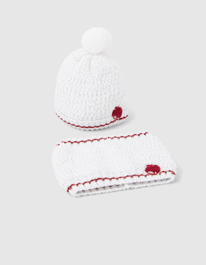 Bonnet et snood écru tricot brodé coeur-pomme bébé fille