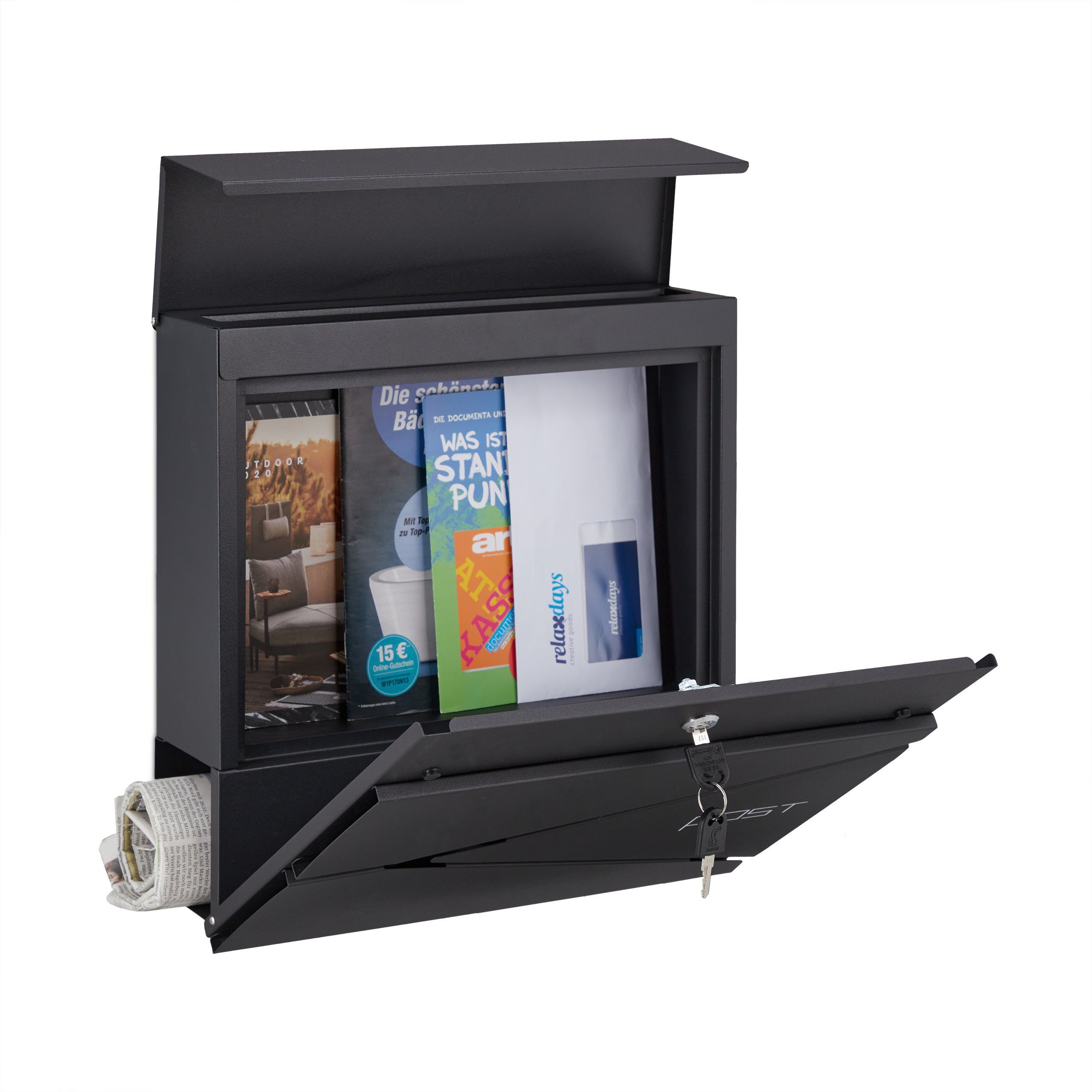 relaxdays Briefkasten Schwarzer Briefkasten mit Zeitungsfach