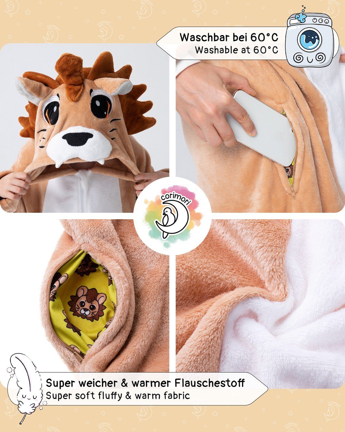 Corimori Jumpsuit Flauschiges Löwen-Kostüm für Kinder (2-tlg) mit Haarreif, Fasching, Mädchen, Jungen, Simba, König der Löwen