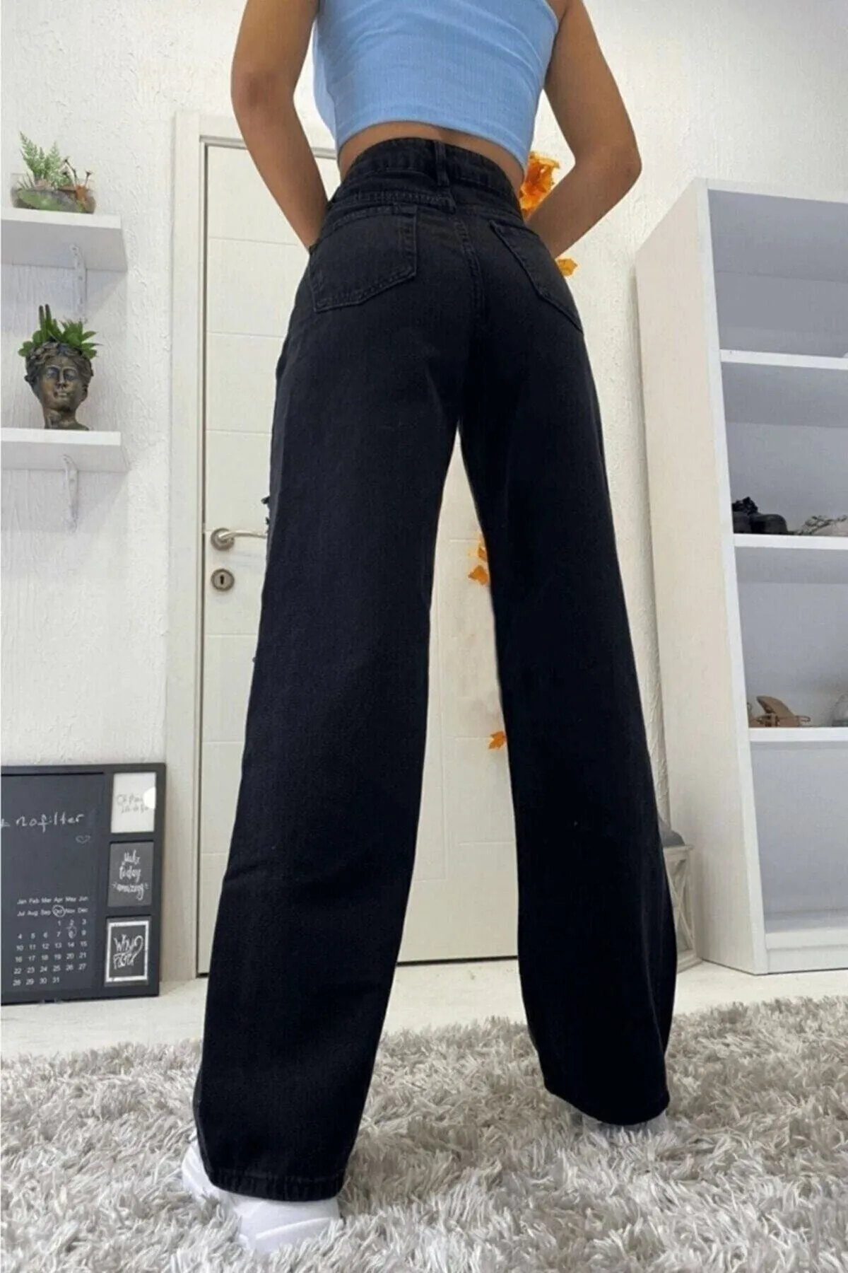 LİMABEL  Schwarze Jeanshose mit hoher Taille, schwarze, lockere Jeans, flexibler Lycra-Palazzo