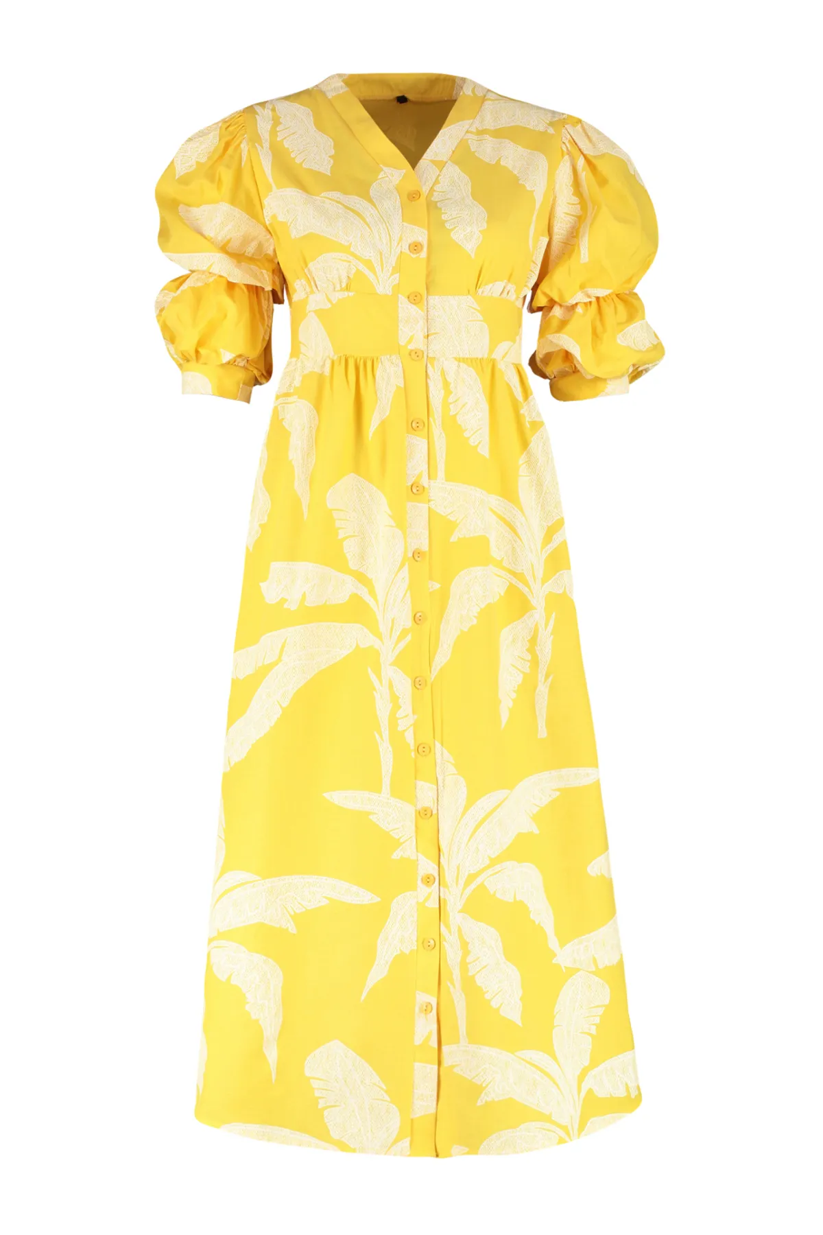 Trendyol Modest  Gelbes, gewebtes Hemdkleid mit Blumendruck und halben Ballonärmeln und V-Ausschnitt TCTSS24EB00015